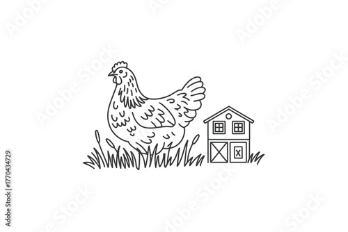 A chicken stands in grass next to a small barn illustration.