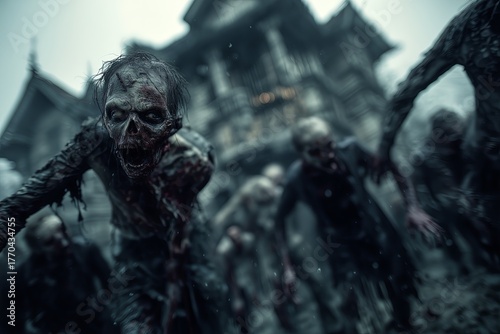 Decaying zombies lurch through a foggy village, their hollow eyes and tattered clothes evoking horror and desolation. Captures dread, survival, and post apocalyptic tension.