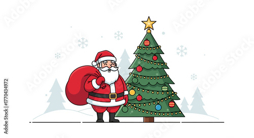 Cheerful Santa Claus delivering gifts near a festive Christmas tree, spreading joy and holiday cheer during the magical winter season for everyone