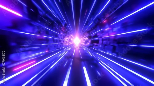 Neon tunnel with bright light in the center, blue and purple hues. Abstract, futuristic, and dynamic