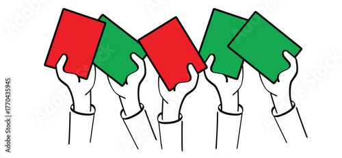 Entering ballots in the box, vote concept. Election Day. Hand putting voting paper into the ballot box. Referendum or politic concept. Political, campaign concept. Red, green voting box card