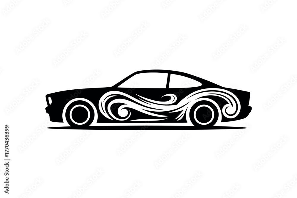 Fototapeta premium A sleek black car is adorned with decorative swirling patterns along its side.