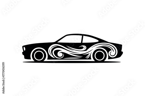 A sleek black car is adorned with decorative swirling patterns along its side.