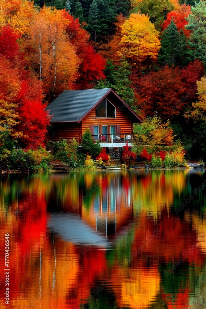 Fototapeta premium Lakeside Log Cabin Autumn Reflections Colorful Trees