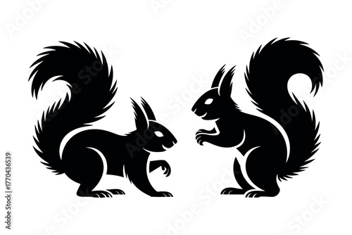 Two stylized black squirrels stand facing each other on a white background.