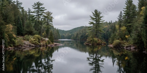 Still lake reflecting northern forest, showing peaceful Canadian wilderness landscape under an overcast sky
