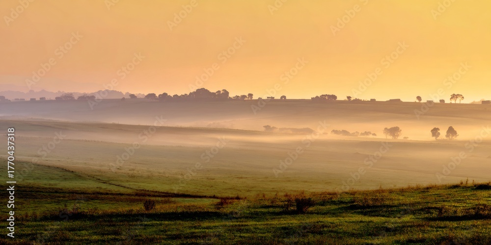 Fototapeta premium Rolling hills landscape covered with thick fog at sunrise, golden light spreading over misty farm fields, serene countryside view