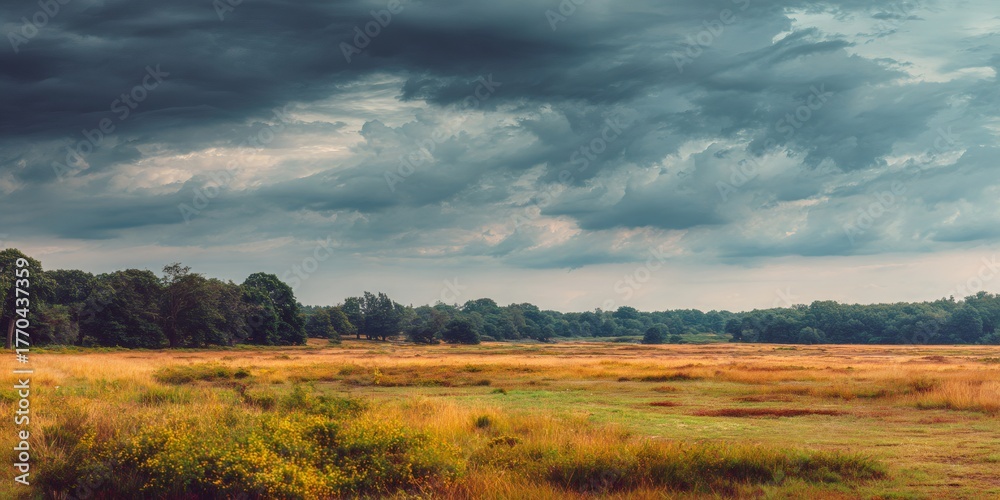 Fototapeta premium Dark dramatic clouds filling a wide sky over expansive grasslands and dense woodland, creating a moody, foreboding atmosphere
