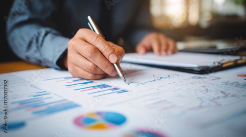 Business Professional Analyzing Financial Reports on Desk, Using Pen to Highlight Data, Charts, Graphs, and Key Performance Indicators in Modern Office Environment