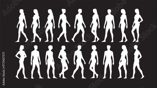 Silhouettes of people walking in a row