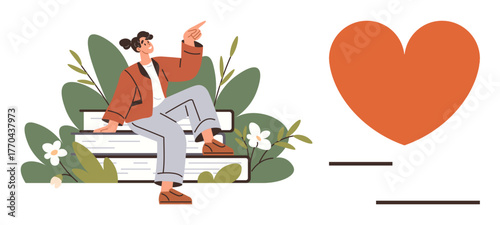Woman in casual attire sits on books surrounded by greenery, pointing upwards. Bright orange heart alongside adds positivity and warmth. Ideal for education, growth, aspirations, love, inspiration