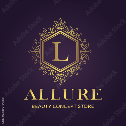 Elegant golden l monogram logo for allure beauty concept store on a dark purple background