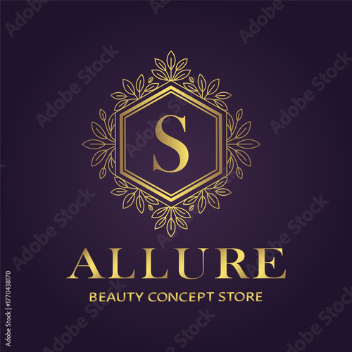 Luxurious golden hexagon logo with the letter s and allure beauty concept store branding