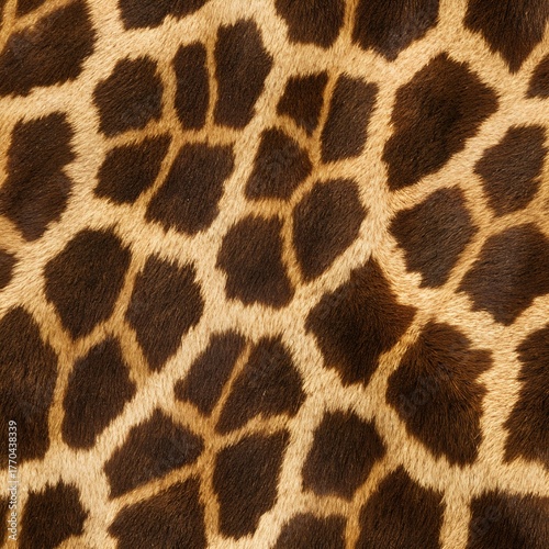 A realistic giraffe fur texture, A spotted animal print background, Photorealistic image - Generative AI
