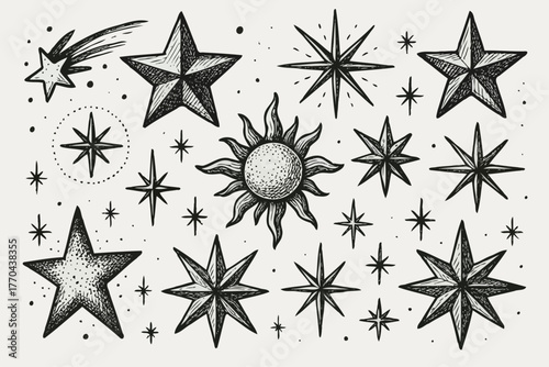 Black And White Seamless Space Elements, Star, Starry Sky Pattern Sketch Style Isolated. Set Of Hand Drawn Doodle Stars, Sun, Moon, Planets And Stars Illustration In Vintage Engraving Style.
