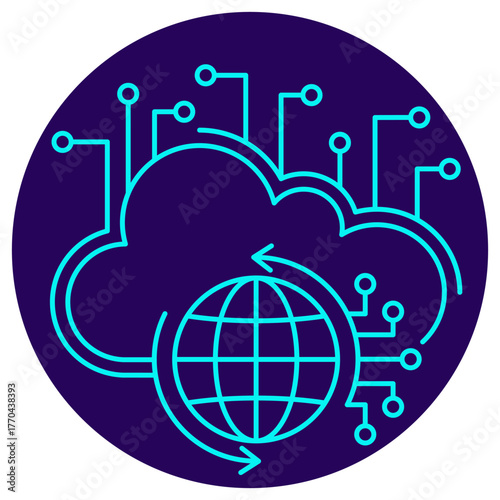 Global Cloud Computing icon. Vector thin line illustration on a round dark blue background. Symbolizes global network data exchange and synchronization with centralized cloud infrastructure services
