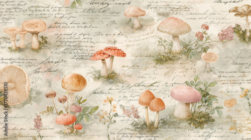 Vintage, antique collage scrapbook paper. Texture of colorful mushrooms and flowers. Background with old handwritten text. Aged shabby chic parchment paper.