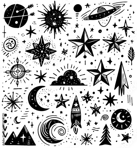 Black And White Seamless Space Elements, Star, Starry Sky Pattern Sketch Style Isolated. Set Of Hand Drawn Doodle Stars, Sun, Moon, Planets And Stars Illustration In Vintage Engraving Style.