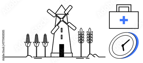 Windmill with corn and wheat fields, medical kit with cross, and clock emphasizing time management. Ideal for agriculture, farming, healthcare, efficiency, rural development, sustainability simple