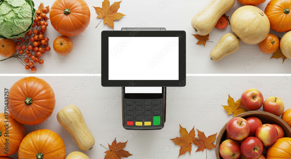 Modern checkout terminal surrounded by autumn produce and orange leaves ...