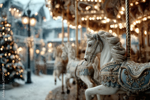 Vintage Christmas Carousel with White Horses — Festive Winter Scene for Postcards and Holiday Calendars