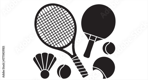 Flat vector sports icons featuring rackets, shuttlecock, and balls isolated on white background