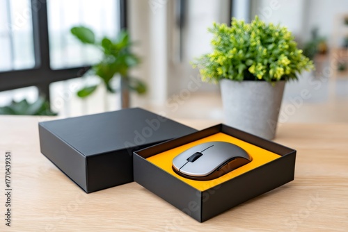 Wireless computer mouse in elegant gift box opening