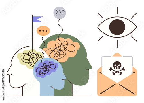 Human profiles with tangled thoughts linked to questioning, eye symbolizing awareness, envelope signifying digital threats thumbs up cyberattacks. Ideal for cybersecurity, brainstorming, analysis
