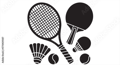 Collection of racket sport symbols including tennis, table tennis, and badminton gear for fitness design themes