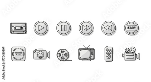 Collection of Video Tape Related Line Icons: Outline Signs for Graphic and Web Design, Apps, Advertisements, Various Cards, Vector Cartoon Illustration with Play, Pause, Stop, Rewind, Fast Forward