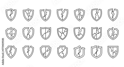 Collection of Broken Shield Line Icons, representing concepts of vulnerability, defense failure, protection loss, and security breaches. These outline signs are perfect for graphic design, web