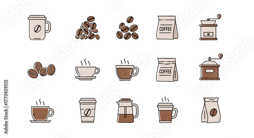 A collection of modern outline-style vector icons representing coffee beans, mugs, coffee bags, and grinders, perfect for design projects, cards, apps, and social networks, presented in a clean