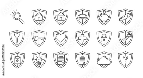 Collection of outline icons representing defense, insurance, and protection, featuring shields with various items like houses, cars, hearts, keys, piggy banks, and documents, suitable for graphic and