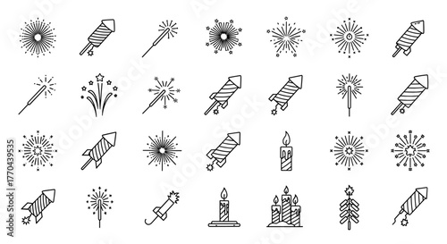 Collection of thin line icons representing various fireworks, sparklers, and candles, perfect for web, books, cards, and apps. This editable stroke vector cartoon illustration on a white background