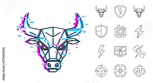 Futuristic Digital Glitchy Bull Head with Cyan and Magenta Overlays, Symbolizing Strength and Technology, Accompanied by a Set of Clean Line Icons Including Shields, Lightning Bolts, Circuit Boards