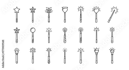 A collection of thin, editable stroke magic wand icons, perfect for web, books, cards, and apps. This vector cartoon illustration features a white background, offering a versatile and enchanting