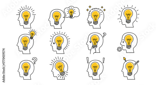 Set of 12 lightbulb in head icons representing different ideas, thoughts, and emotions, perfect for graphic design, web, cards, books, and articles. This vector cartoon illustration features a white