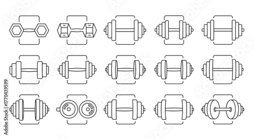 Collection of stylized dumbbell icons and symbols, showcasing a variety of weights and designs, perfect for fitness apps, websites, infographics, and workout-related content. This set includes