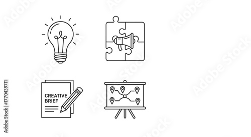 Set of four minimalist line art icons representing key elements of creative strategy: a glowing light bulb for ideas, a puzzle with a megaphone for campaign integration, a creative brief document