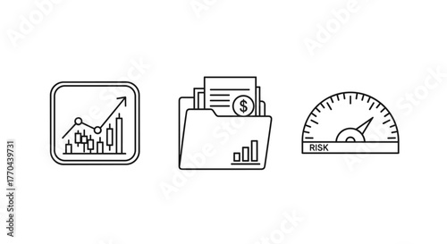 Set of three line-style icons representing investment basics: a stock market candlestick chart with an upward trend, a folder containing documents and a dollar sign, and a risk meter indicating a