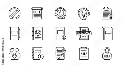 Vivid outline icon set representing information and guidance, including instruction manuals, rules, guides, info centers, reference books, dictionaries, help resources, and more, all presented in a