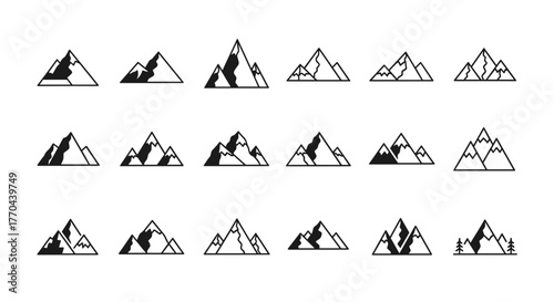 Vivid collection of vector mountain silhouettes, featuring a diverse set of black peaks, minimalist landscape symbols, and iconic logos perfect for hiking, travel, and outdoor adventure design