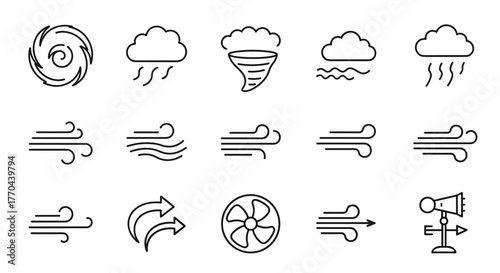 Collection of wind and weather icons, including hurricane, rain clouds, tornado, breeze, and wind direction indicators, representing air movement and meteorological phenomena for forecasts and design.