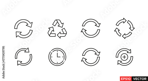 Set of eight circular arrow icons representing refresh, recycle, restart, and rotation, including a clock face and a recycling symbol, all rendered as thin line vector illustrations on a clean white
