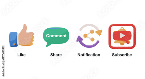 Vibrant 3D icon set for social media engagement, featuring a 'Like' thumb, 'Comment' speech bubble, 'Share' network graphic, and 'Subscribe' bell with play button, presented on a clean white