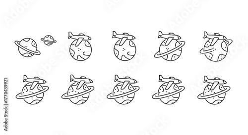 Collection of simple linear outline illustrations depicting an airplane flying around a planet with rings, symbolizing global travel, aviation, and exploration. This editable stroke vector cartoon