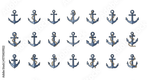 Set of 18 simple flat anchor icons in a cartoon illustration style, featuring a blue-grey color palette with yellow rope details, presented in ordered rows on a black background, perfect for nautical
