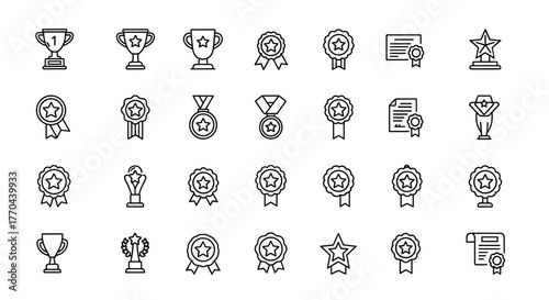 Collection of 30 editable stroke line icons representing awards, trophies, medals, and certificates, perfect for graphic design projects, symbolizing achievement, success, and recognition on a clean
