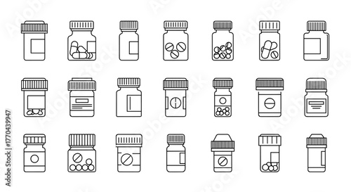 Collection of simple linear outline illustrations of various medicine bottles, including pill bottles and vials, perfect for web, books, cards, and apps, editable stroke, vector cartoon style