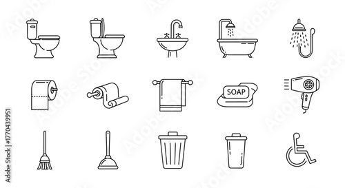 A comprehensive collection of clean line art icons representing essential bathroom and toilet fixtures, perfect for graphic design, web development, app interfaces, and advertising materials